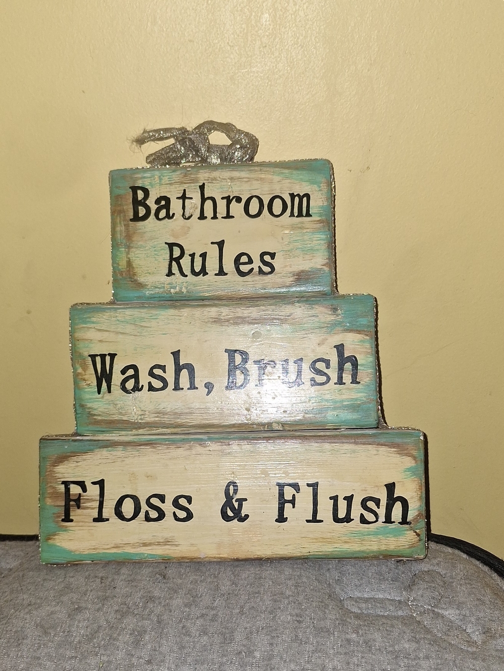 Bathroom Rules Wooden Sign - Cream and Teal Rustic Wall Décor
